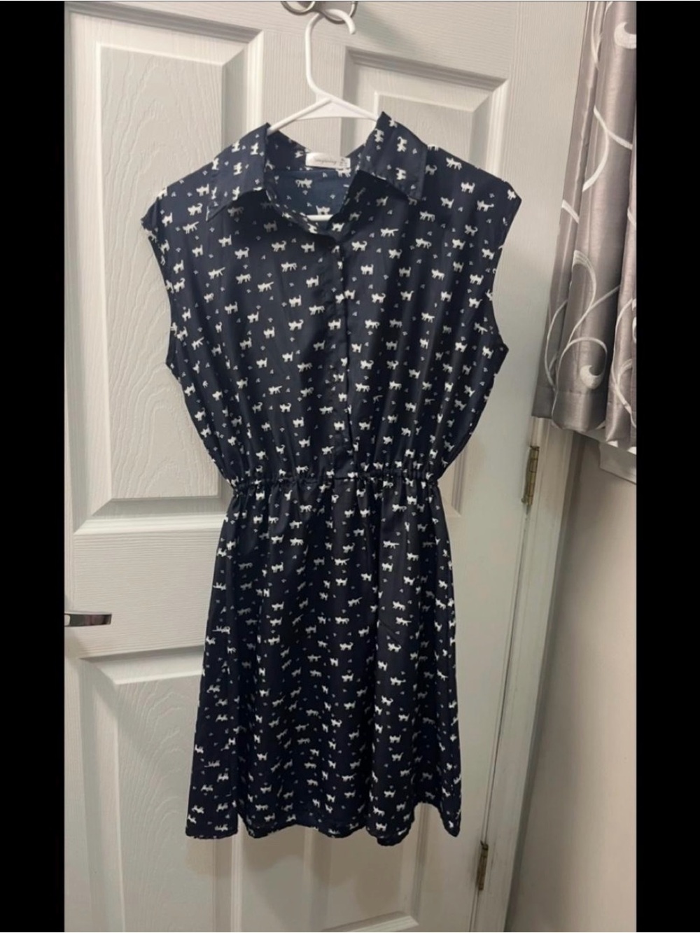 Navy Sleeveless Shirtwaist Dress with White Dog Print